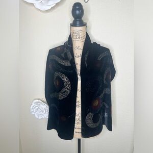 NTM: Vintage Silk Blend Velvet Burnout “Rising Sun” Scarf Hand Rolled Hem Black